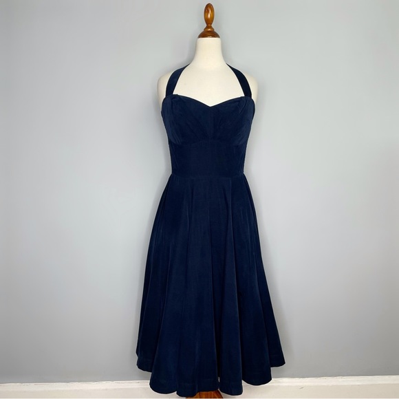 Anthropologie Girls from Savoy Ronda Halter Dress Midi Navy Blue Corduroy Size 8 - Picture 2 of 13